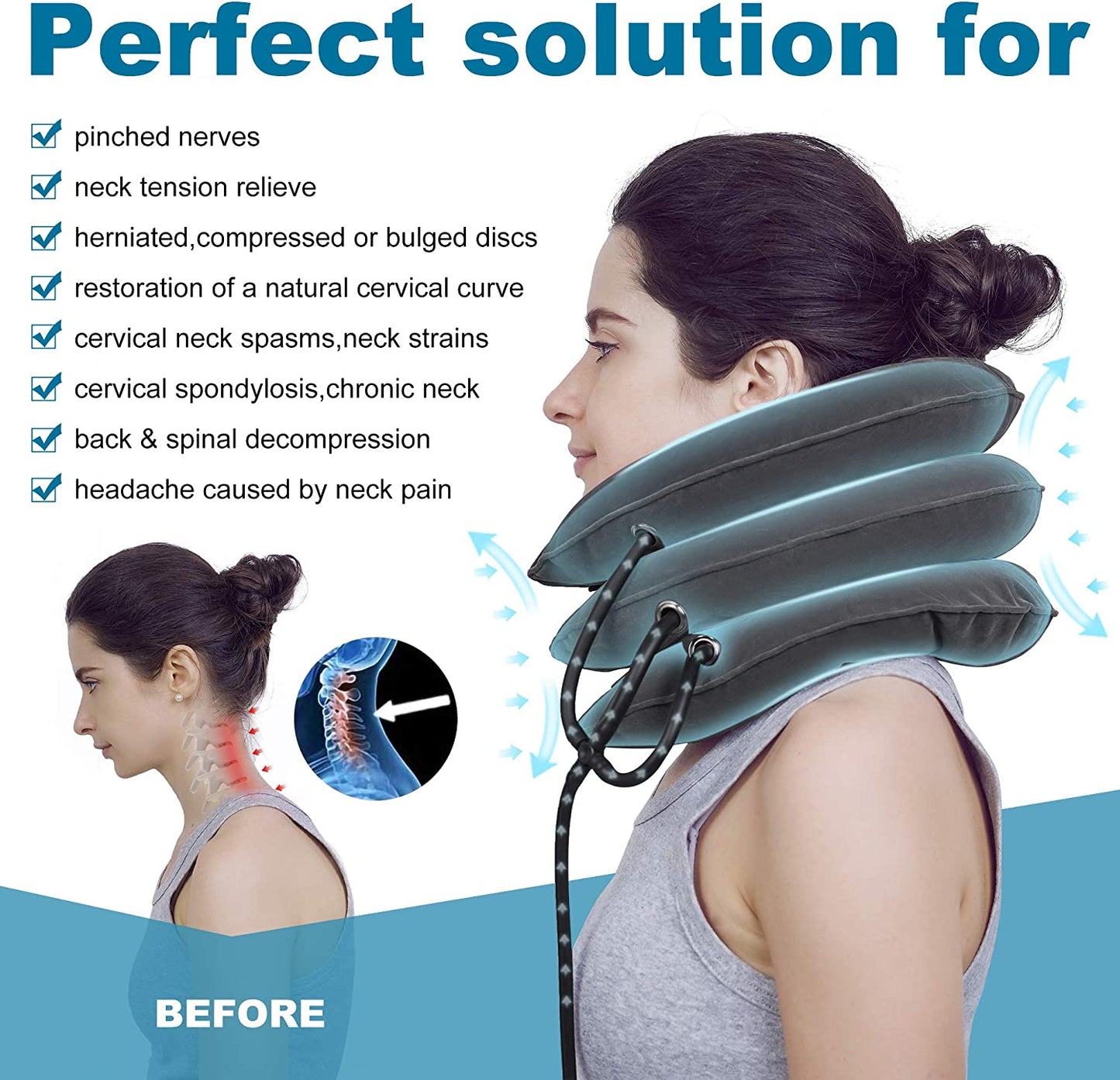 Cervical Neck Traction Device &Inflatable Adjustable Neck Stretcher Provide Neck Support Neck Traction and Neck Pain Relief,Neck Brace and Cervical Traction Device Is the Neck Care Equipment